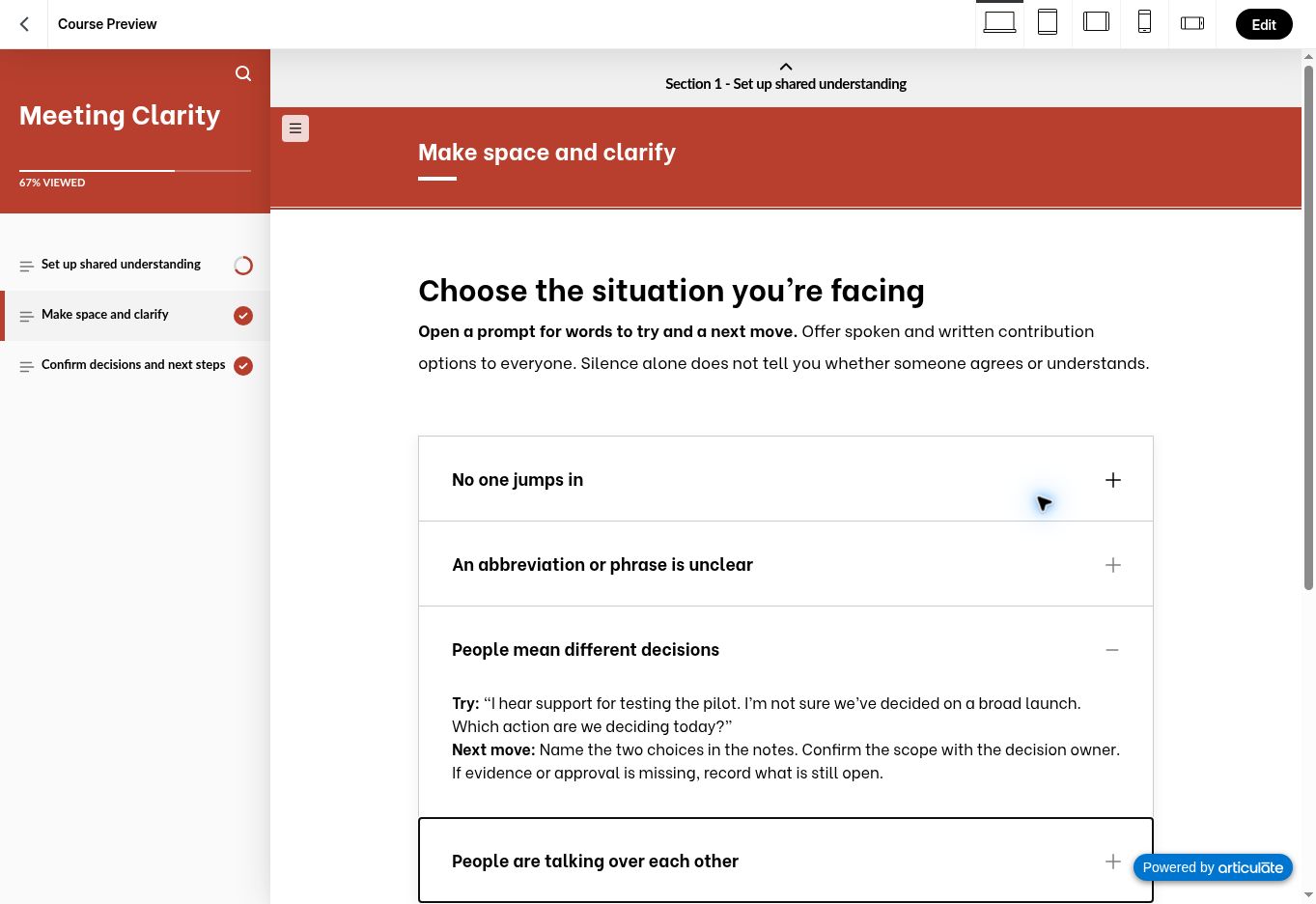 Actual Rise preview showing the four situation panels, with the different-decisions prompt expanded.