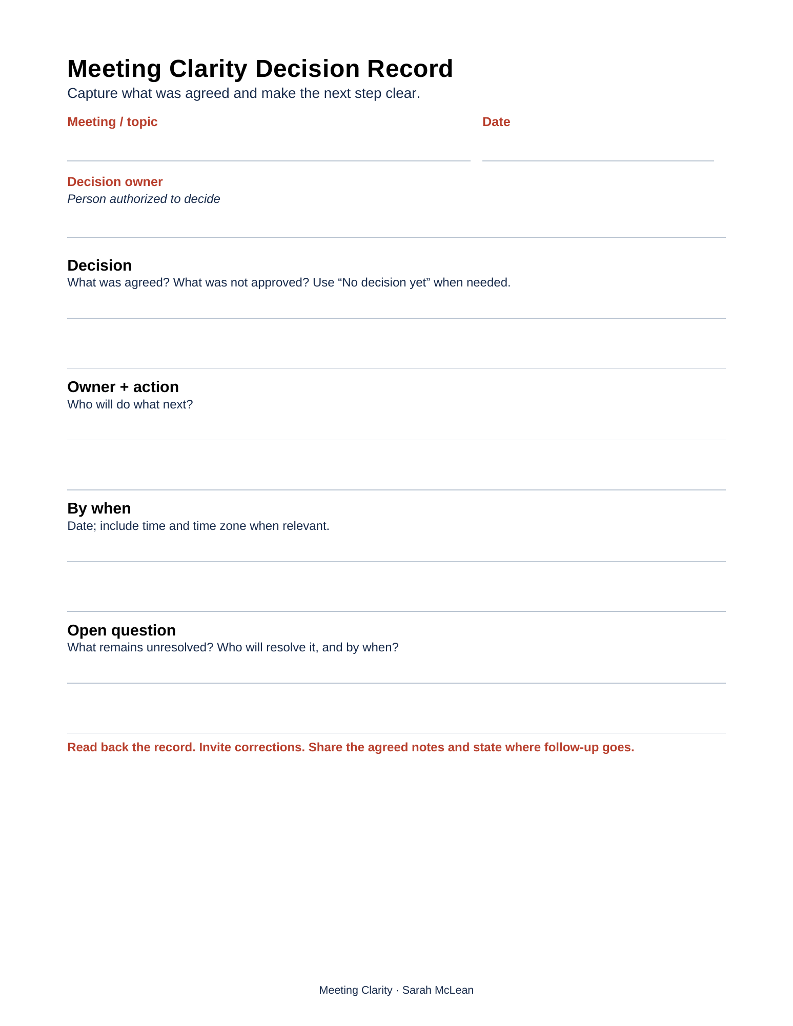One-page decision record with writing space for meeting details, decision, owner and action, deadline, and unresolved question.