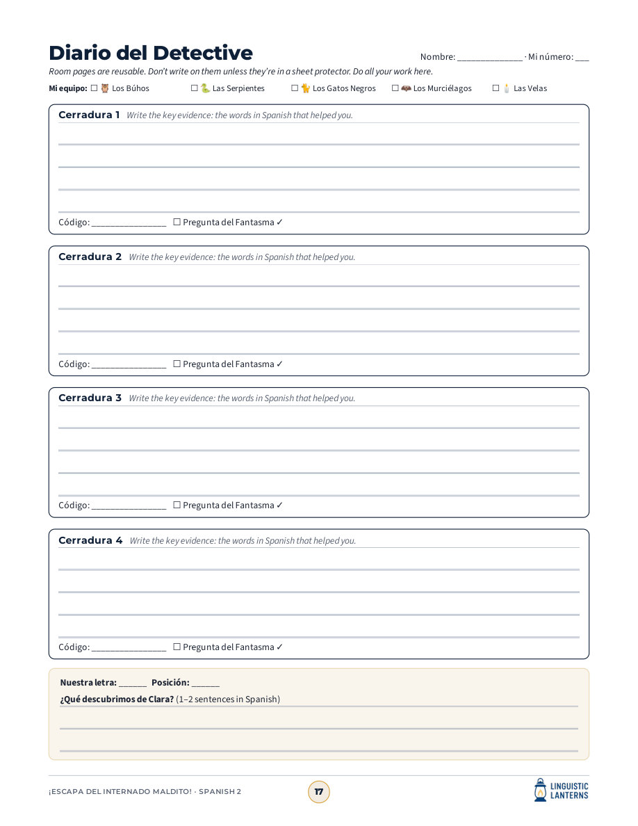 Individual detective log with spaces for evidence and codes at four checkpoints and a final discovery.