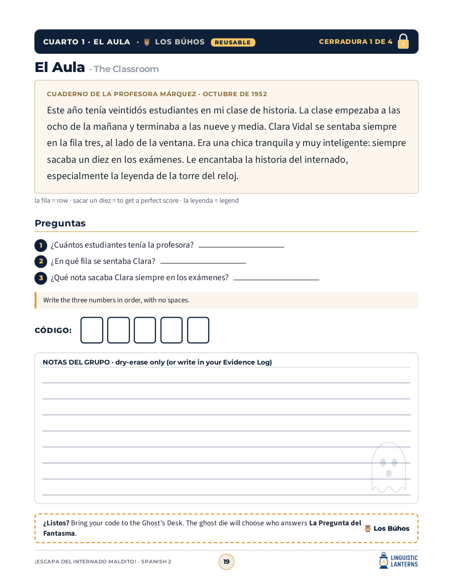 The first classroom lock pairs a teacher’s notebook entry in Spanish with three questions and a code field.