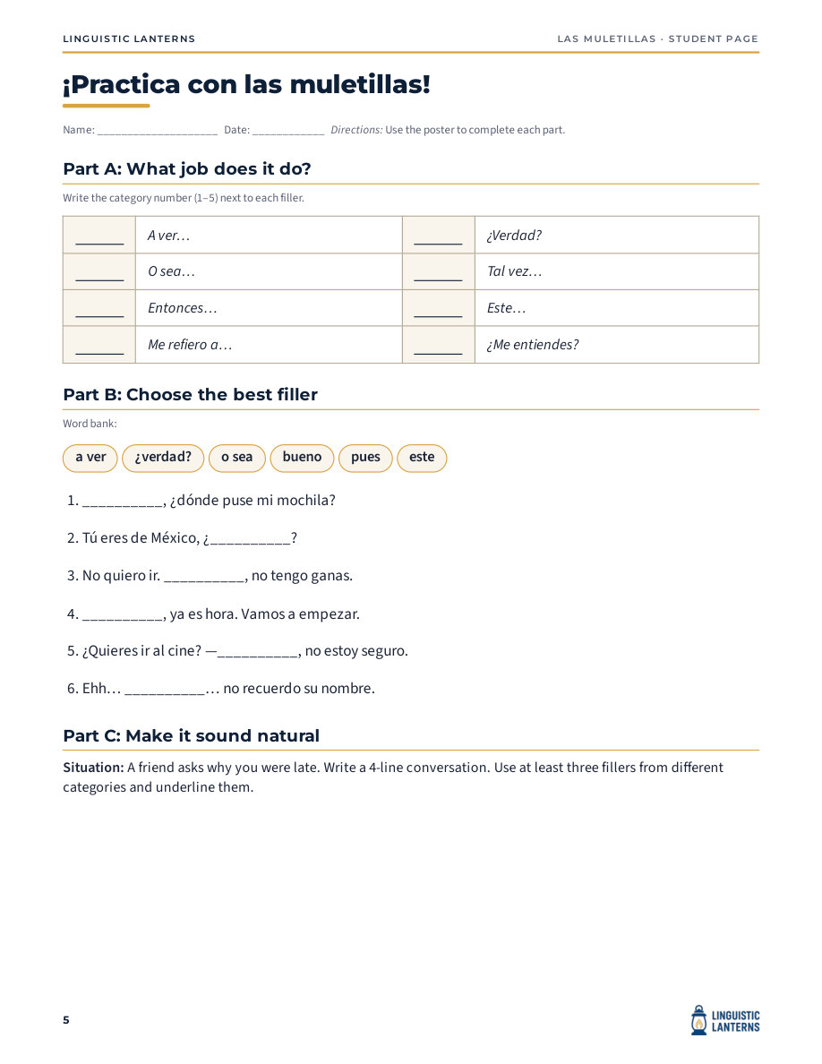 The companion practice page moves from categorizing phrases to selecting them and writing a dialogue.